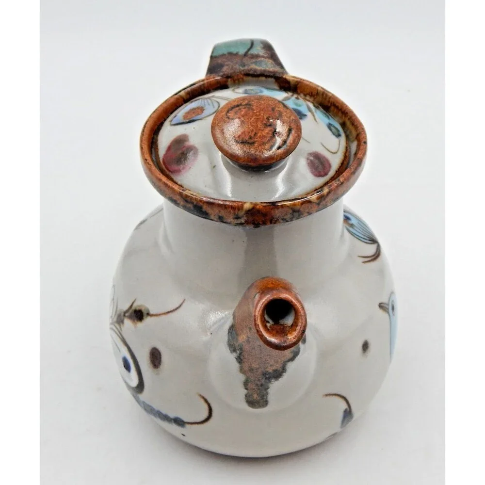 Tonala Ken Edwards Pottery Teapot Bird Butterfly Blue Brown 6 Inch